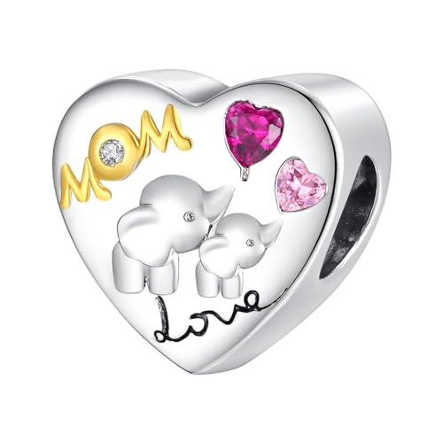 RMMY Elephant Mom Heart Charm Anhänger für Armband Halskette Muttertag Geschenk für Frauen,925 Sterling Silber Beads with Zirkonia Schmuck von RMMY