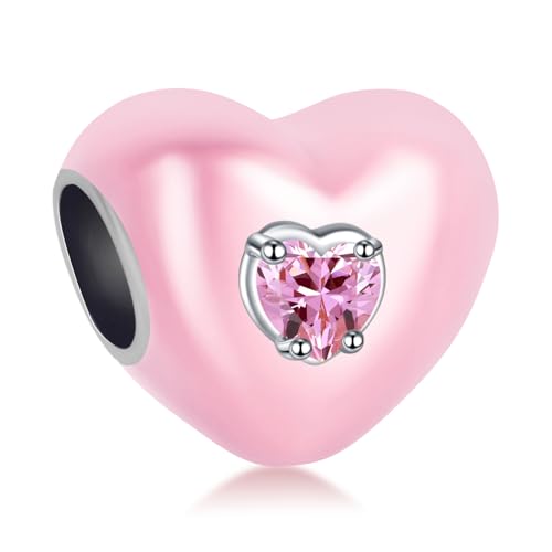 RMMY Pink Stone Heart Charm Anhänger für Armband Halskette Muttertag Geschenk für Frauen,925 Sterling Silber Beads with Zirkonia Schmuck von RMMY