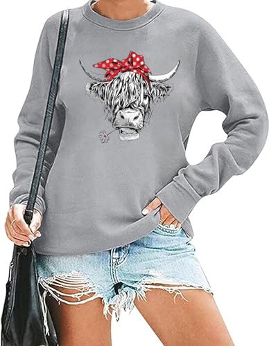 RMTXCD Damen-Sweatshirt, Motiv: Highland-Kuh, lustig, Tier-Grafik, langärmelig, Oberteil, Bauernhof, Pullover, Western-Cowgirl, Freizeithemden, GRAU, XL von RMTXCD