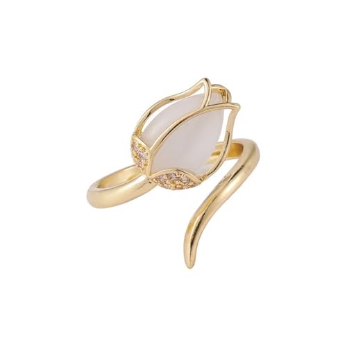 Opal Tulpen Blume Vergoldet Offener Ring,Blumen Schmuck,Kupfer Chalcedon Opal Ring(Verstellbarer Ring) von RMYSUM