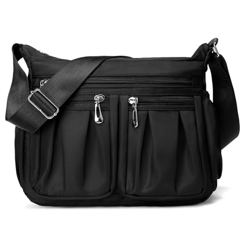 RNIEGA Damen Crossbody Bag Wasserdicht Reise Schulter Geldbörse Nylon Handtasche mit mehreren Taschen, Schwarz von RNIEGA