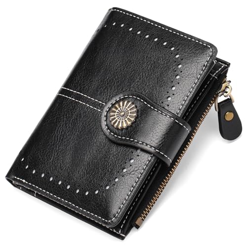 RNIEGA Damen-Geldbörse aus Leder, klein, mit Reißverschluss, Kreditkartenfach mit Ausweisfenster, Schwarz von RNIEGA