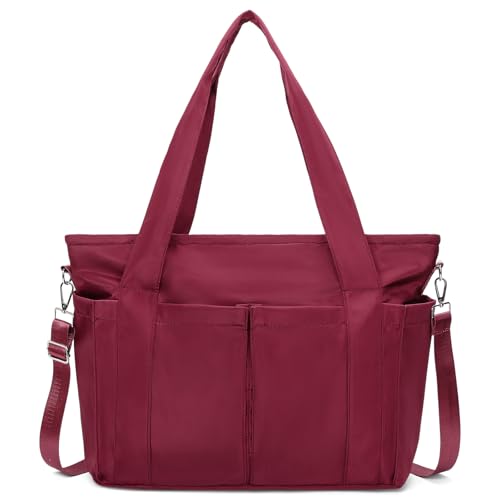 RNIEGA Damen Tote Bag - Umwandelbare Crossbody Umhängetasche mit abnehmbarem Gurt, Nylon Geldbörse für Reisen & Alltag, Schwarz, Rot/Ausflug, einfarbig (Getaway Solids), Large von RNIEGA