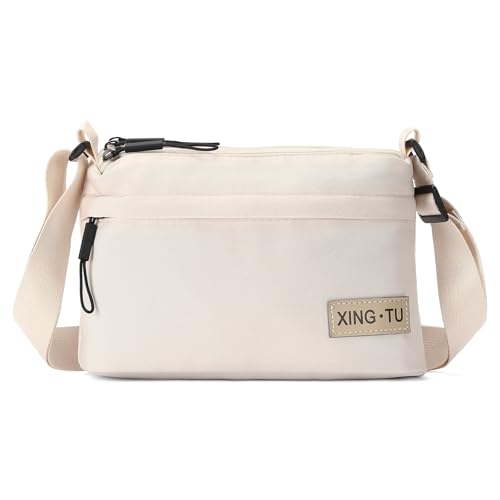 RNIEGA Kleine Damen Crossbody Bag Geldbörse Mini Nylon Umhängetasche mit Verstellbarem Riemen Leichte Multi Pocket Geldbörse, Beige RNIEGA Kleine Damen Crossbody Bag Geldbörse Mini Nylon Umhängetasche mit Verstellbarem Riemen Leichte Multi Pocket Geldbörse, Beige von RNIEGA