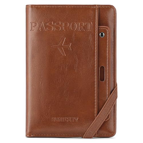 RNIEGA RFID-Reisepasshülle für Reisen, Damen, Herren, Reisepass-Brieftasche, RFID-blockierend, mit Kartenfächern und Stifthalter, Braun von RNIEGA