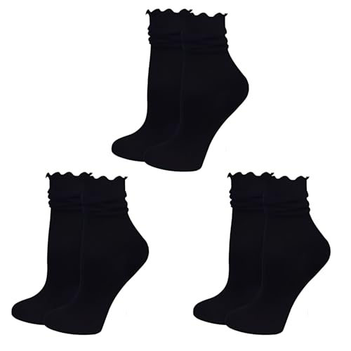 RNXSIB 3 Paar Rüschen Socken Damen, Söckchen mit Rüschen Rüschensocken Einfarbige, Bequeme Atmungsaktive Sneakersocken Stricksocken, Dünn Cool und Atmungaktiv Damen Söckchen(Schwarz) von RNXSIB