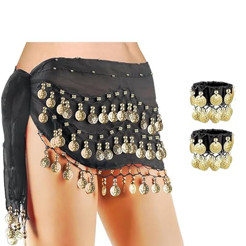 RNXSIB Bauchtanz Kostüm Damen, Bauchtanz Hüfttuch, EIN Paar Armbänder,Für Tanzauftritte & Training, Leicht & Atmungsaktiv, Bequeme Passform Mit Eleganter 98 Gold Münzen von RNXSIB