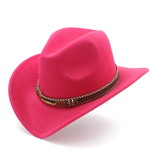 ROBAUN Herren Damen Western-Cowboyhut aus Wolle mit Punk-Gürtel, breiter Krempe, Jazz-Hut, Sombrero-Hut, Kirchenhut, Größe 56–58 cm (Farbe : Rose rot, Größe : 56-58) von ROBAUN