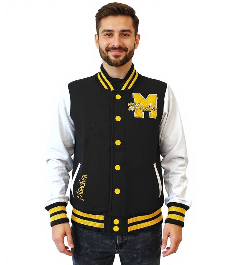 ROBIN RUTH München Herren College-Jacke mit Schriftzug Herbst-Jacke mit Stickerei Übergangs-Jacke Sweat-Jacke FMCN-B Schwarz/Gelb von ROBIN RUTH