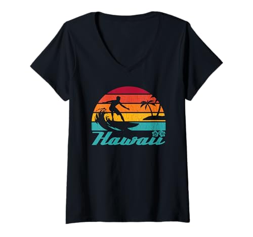 Damen Vintage Hawaii Sunrise Surfer (Used-Look) T-Shirt mit V-Ausschnitt von ROBOTFACE T-Shirts