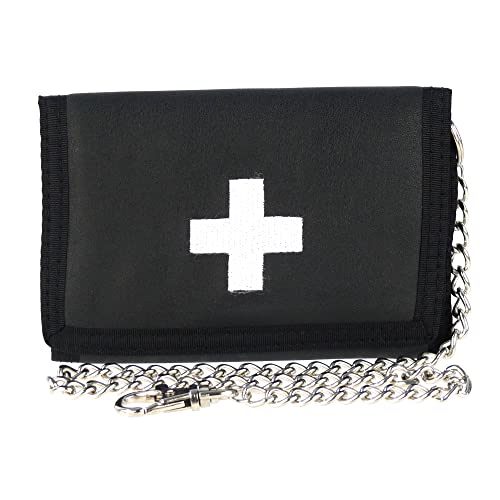 Geldbörse Lustige Moderne Rock Motive Herren Damen Kinder Unisex Börsen Geldbeutel Portemonnaie Kunstleder Münzfach Slim Wallet mit Kette (Geldbörse mit Gesticktem Weißem Kreuz Logo inklusive Kette) von ROCK DADDY Estd 2000 ROCK HARD CLOTHING