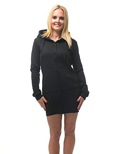 ROCK-IT Apparel® Damen Sweatkleid mit Reißverschluss und Kapuze - Zip Hoodie Damen - Kapuzenpullover Zipper - Kapuzenjacke Kleid - Größe XS-XXL - Schwarz - hochwertig und sehr Soft L von ROCK-IT Apparel