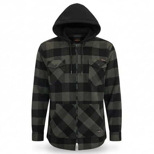 ROCK-IT Apparel Herren Flanellhemd mit Kapuze Langarm Holzfällerhemd Karohemd Premium Freizeithemd Shirt kariert Größen S-5XL Made in Europe Olive Grün/Schwarz S von ROCK-IT Apparel
