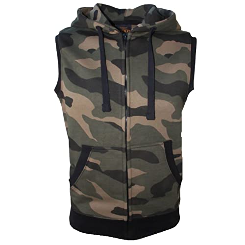 ROCK-IT Apparel Zipped Hoodie ärmellos für Herren Sleeveless Fitness Kapuzenpullover Männer Sweater Trainingsweste Sweatshirt Tank Top S-4XL Farbe Camouflage Grün/Braun 3XL von ROCK-IT Apparel