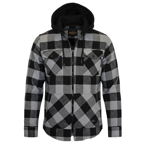 ROCK-IT Apparel Herren Flanellhemd mit Kapuze Langarm Holzfällerhemd Karohemd Premium Freizeithemd Shirt kariert Größen S-5XL Made in Europe Grau/Schwarz 4XL von ROCK-IT Apparel