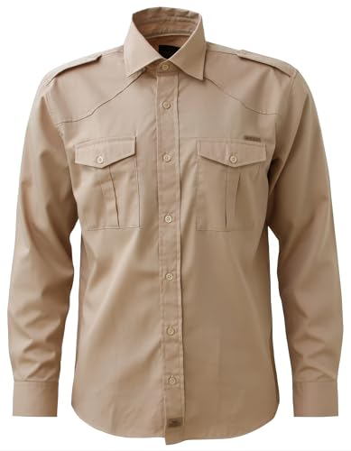 ROCK-IT Apparel Herren Langarm Hemd - 100% Baumwolle - Worker Hemd mit Schulterklappen - Kent Kragen [Größen S-5XL] Farbe Beige XL von ROCK-IT Apparel