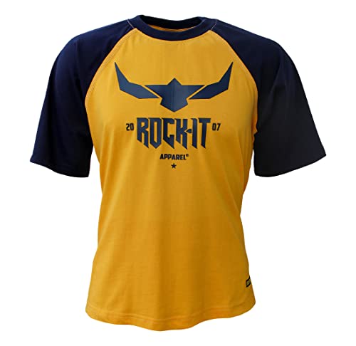 ROCK-IT Apparel Herren T-Shirt Cooles Logo Raglan Kurzarm T-Shirt Rundhals Premium Qualität 100% Baumwolle mit Logo Print Größen S-5XL Farbe Gelb Navy L von ROCK-IT Apparel