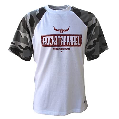 ROCK-IT Apparel Raglan Contrast T-Shirt Kurzarm Premium Rundhals Shirt für Herren 100% Baumwolle Vintage Bikershirt Größen S-5XL Regular Schnitt Farbe Camo Grau/Weiß M von ROCK-IT Apparel