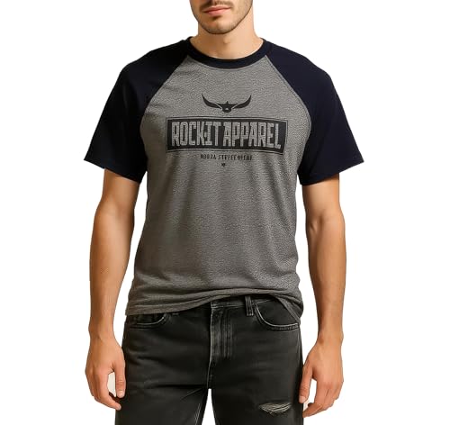 ROCK-IT Apparel Raglan Contrast T-Shirt Kurzarm Premium Rundhals Shirt für Herren 100% Baumwolle Vintage Bikershirt Größen S-5XL Regular Schnitt Farbe Dark Heather Grau/Schwarz XXL von ROCK-IT Apparel