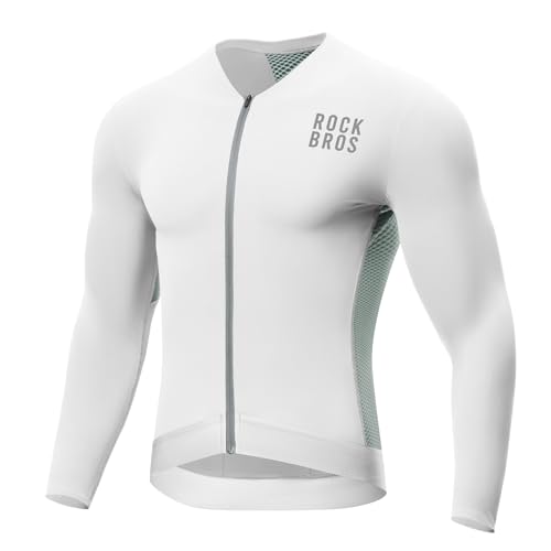 ROCKBROS Fahrradtrikot Radtrikot Langarm Herren, Atmungsaktiv und Schnelltrocknend, Elastisches Rennrad Trikot mit 3 Taschen und Reißverschluss für Radsport MTB Straße, Weiß L von ROCKBROS