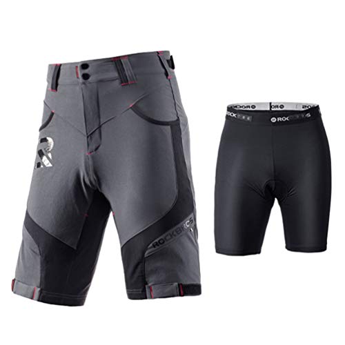 ROCKBROS Kurz Radlerhose Herren Fahrradhose mit Sitzpolster 4D Atmungsaktiv Schnelltrocknend Radhose MTB Hose Bike Shorts Schwarz Hellbraun Grau M-4XL von ROCKBROS