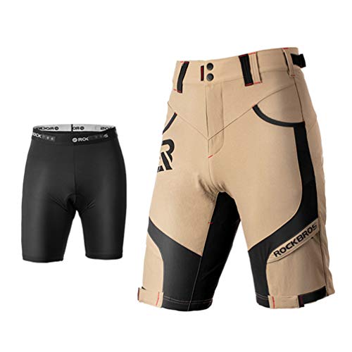 ROCKBROS Kurz Radlerhose Herren Fahrradhose mit Sitzpolster 4D Atmungsaktiv Schnelltrocknend Radhose MTB Hose Bike Shorts Schwarz Hellbraun Grau M-4XL von ROCKBROS