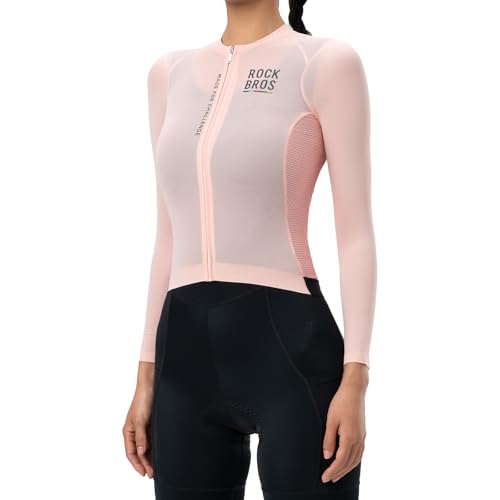 ROCKBROS Road to Sky Damen Fahrradtrikot Langarm Atmungsaktiv Radtrikot Schnell Trocknend Radbekleidung mit 3 Rückentaschen Mountainbike Rennrad Rosa S von ROCKBROS