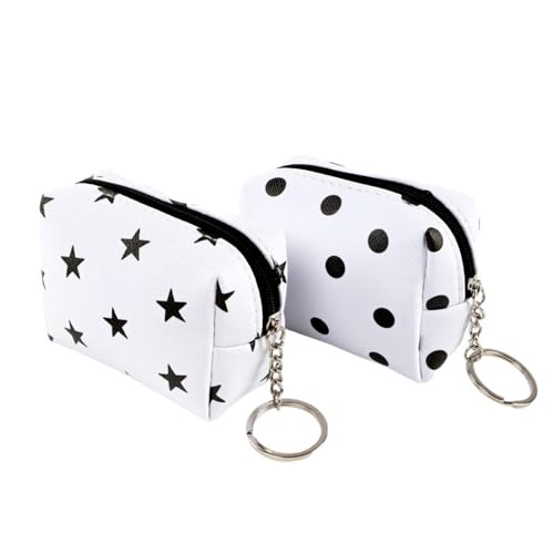 2er-Set Geldbörse aus Kunstleder mit Reißverschluss und Schlüsselanhänger für Damen, weiß mit Punkten und Sternen in Schwarz, 10 cm, weiß, 9.80x3x6.50 cm von ROCKING GIFTS