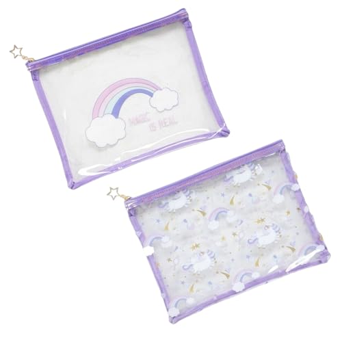 ROCKING GIFTS 2er-Set flache Kosmetiktasche aus Kunststoff, transparent, wasserdicht, Sterne und Einhörner, Stifthalter für Mädchen, 28 cm von ROCKING GIFTS