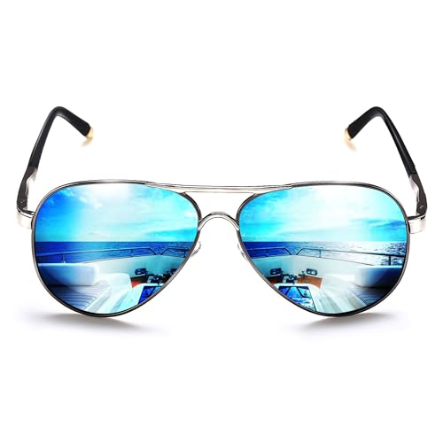 ROCKNIGHT Pilotenbrille, polarisierte Sonnenbrille für Männer und Frauen, Metallrahmen, flache Oberseite, leichte blaue Spiegelgläser, UV400, für den Außenbereich von ROCKNIGHT