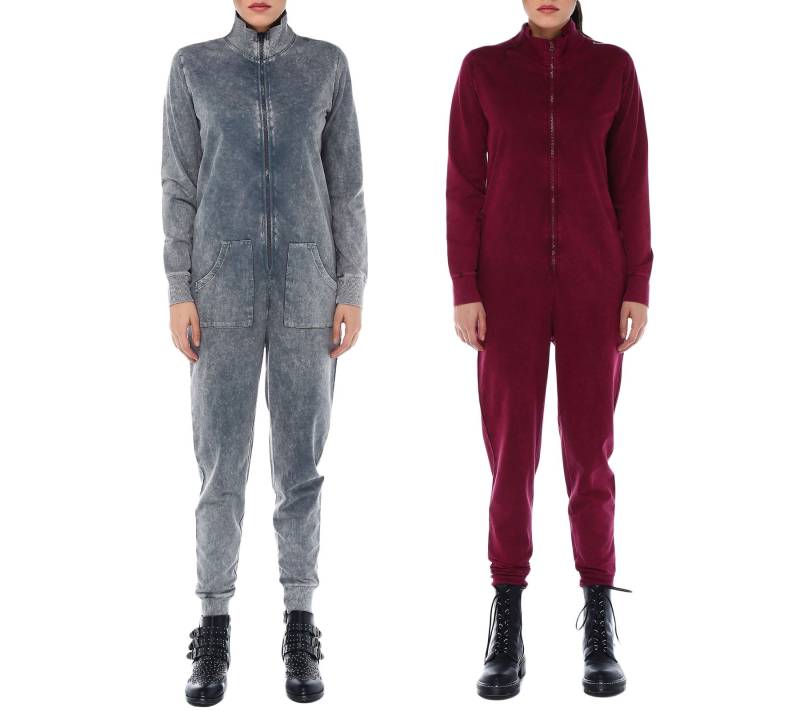 ROCKUPY Damen Jumpsuit einfarbiger oder gebatikter Overall mit Rücken-Print cooler Einteiler Onesie Grau oder Weinrot von ROCKUPY