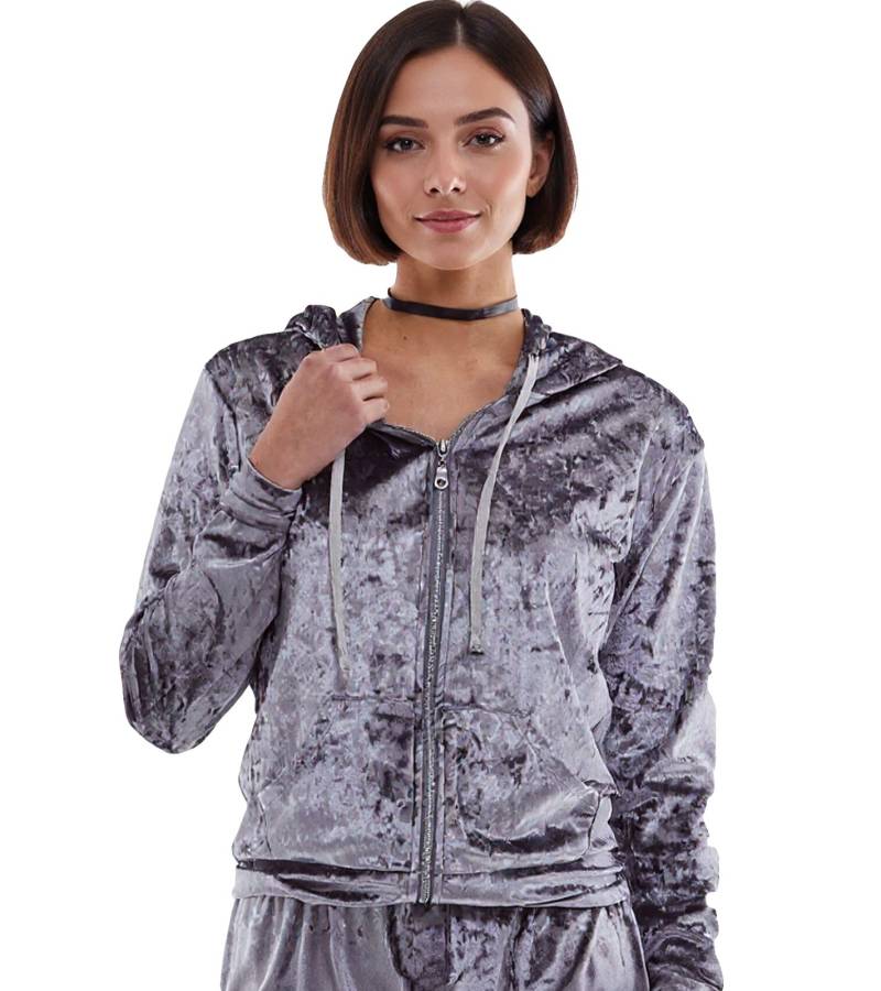 ROCKUPY Damen Samt-Cardigan glänzende Sweatshirt-Jacke mit Kapuze RPW20_040201 Grau von ROCKUPY