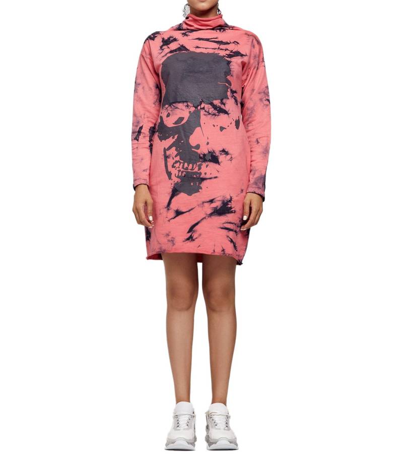 ROCKUPY Damen Sweat-Kleid mit Totenkopf-Print Pullover-Kleid Langarm-Kleid 393822 Rosa/Schwarz von ROCKUPY