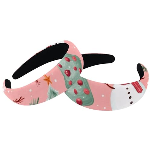 2 Stück gepolsterte dicke Stirnbänder Frohe Weihnachten Schneemann Baum Rosa Vintage Dicke Haarbänder Samt Breite Oberseite Turban für Mädchen Frauen Männer von RODAILYCAY