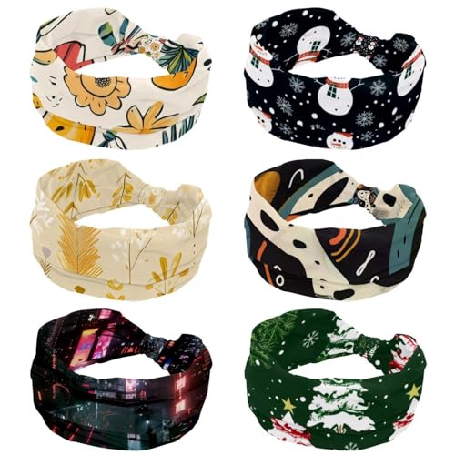 6 Packungen Frohe Weihnachten Schneemann Schneeflocke Schwarz Mode Stirnband Stirnbänder für Frauen Mädchen Criss Twisted Haarband Breit Head Wrap Haarschmuck von RODAILYCAY