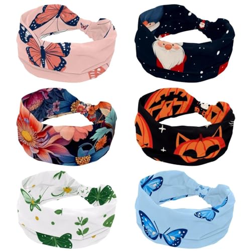 6 Stück Damen-Stirnbänder, niedlicher Weihnachts-Cartoon-Weihnachtsmann, gedrehtes Kreuz, Sport-Haarbänder, breites Haarband, rutschfeste Stirnbänder für Mädchen, Yoga, Workout, Schweißkopfwickel von RODAILYCAY