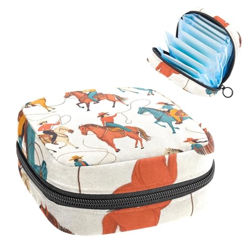 Damenbinden-Aufbewahrungsbeutel für Damen, große Kapazität, Menstruationseinlagen-Tasche, Wilder Westen, Cowgirls mit Pferd-Rodeo-Muster, Menstruationstaschen, Tampon-Sammeltasche, Geldbörse von RODAILYCAY