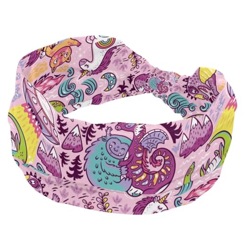 Dinosaurier-Katzen-Einhorn-Haarband, violett, breites Stirnband, Stirnbänder für Frauen, verdrehtes geknotetes Yoga-Workout-Haarband, weiches elastisches Headwrap, modisches Haarzubehör von RODAILYCAY