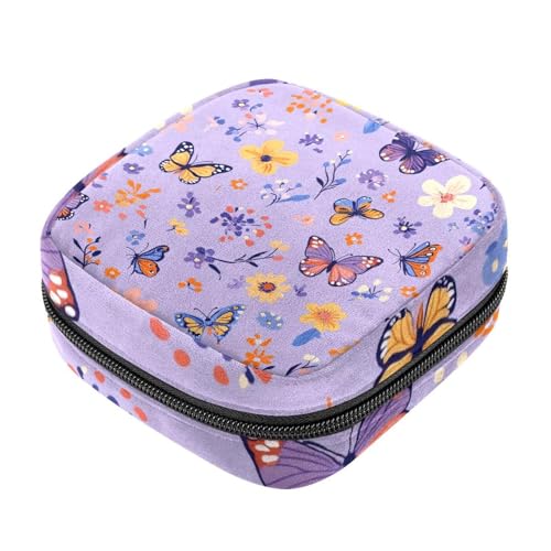 Menstruationstassenbeutel mit Reißverschluss, Aufbewahrungsbeutel für Damenbinden, bunte Schmetterlinge und Blumen, violetter Hintergrund, weich, feminin, Tampon-Sammeltasche, Geldbörse für Damen, von RODAILYCAY