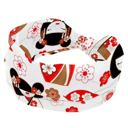 Niedliche japanische Puppen Kokeshi-Muster breite Stirnbänder für Frauen, rutschfestes Workout-Stirnband, elastische Haarbänder, Schweiß-Yoga-Haarband, geknotete Kopfwickel für Mädchen und Damen von RODAILYCAY