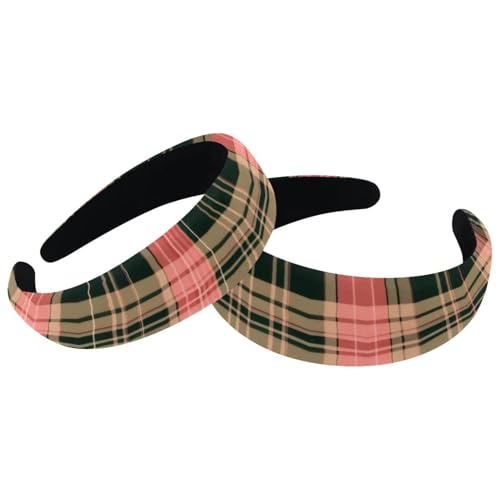 RODAILYCAY 2 Stück Weihnachts-Stirnbänder mit rosa und grünem Karomuster, Samt, dick gepolstert, breite Haarbänder für Frauen und Mädchen, rutschfeste Stirnbänder von RODAILYCAY