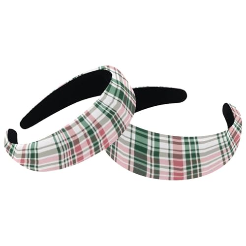 RODAILYCAY 2 Stück gepolsterte Stirnbänder, modische dicke breite Haarband-Reifen, Weihnachten, traditionelles rosa-grünes Karomuster, Stirnbänder für Frauen und Mädchen, Samt-Haarreifen, Haarschmuck von RODAILYCAY
