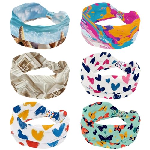 RODAILYCAY 6 Packungen Damen-Stirnbänder, modisch, rutschfest, geknotet, Kreuzkopf-Wickel, bunte Marmor-Textur, breites Haarband für Workout, Sport, Yoga von RODAILYCAY