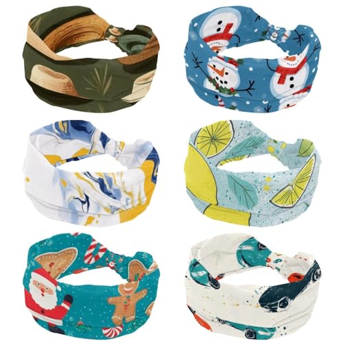 RODAILYCAY 6 Stück Frohe Weihnachten Schneeflocke Niedlicher Schneemann Dehnbare Stirnbänder für Frauen Twisted Knot Turban Hair Wrap Yoga Workout Sport Stirnband Breites Haarband für Mädchen Damen von RODAILYCAY