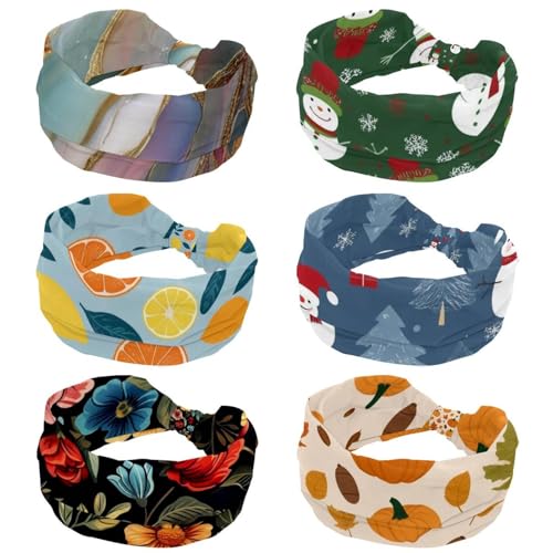 RODAILYCAY 6 Stück Stirnbänder für Frauen Mädchen Weihnachten Schneeflocke Schneemann Elastisches Haarband Rutschfestes Breites Stirnband Verdrehter Kopf Wrap Haarschmuck von RODAILYCAY