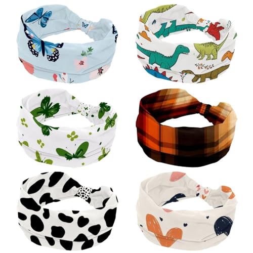 RODAILYCAY 6 Stück Stretch-Sport-Stirnband für Damen, weiches Stirnband, rutschfestes Haarband, Haar-Accessoires, Dinosaurier, geknotete Haarbänder von RODAILYCAY