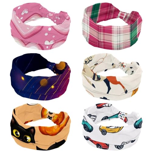 RODAILYCAY 6 Stück Weihnachten Traditionell Lila Grün Plaid Stretch Breite Stirnbänder Haarbänder Haarbänder für Frauen Mode Turban Stirnbänder Yoga Workout Schweißband Head Wrap Haarschmuck von RODAILYCAY
