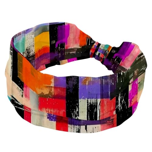 RODAILYCAY Breites Stirnband, elastisches Haarband, Kopfbedeckung, Turban-Stirnband, Kunst, Aquarell, Geometrie, kariert, Haarschmuck für Damen von RODAILYCAY
