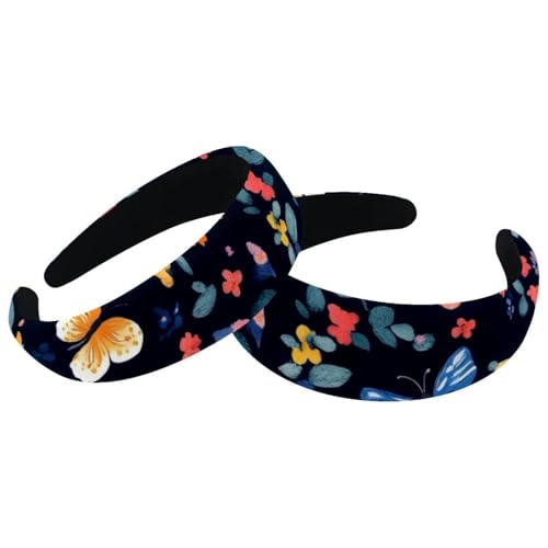 RODAILYCAY Gepolsterte Stirnbänder, bunter Schmetterling mit Blume, modisch, dick, breit, Haarbänder für Damen und Mädchen, Samt-Haarreifen, Haar-Accessoires, 2 Stück von RODAILYCAY