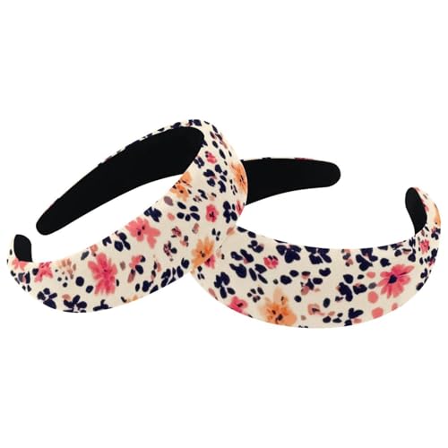 RODAILYCAY Gepolsterte Stirnbänder, buntes Blumenmuster, modisch, dick, breit, Samt-Haarreifen, Stirnbänder für Damen und Mädchen, Haar-Accessoires, 2 Stück von RODAILYCAY